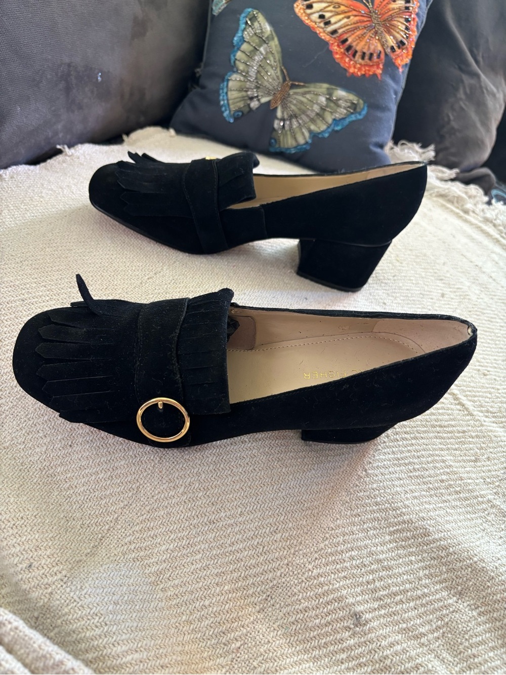 Mark Fisher Black Suede Block
Heel & Fringe Loafer Size 8.5 M - Picture 10 of 13